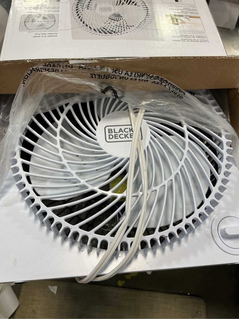 Condition photo showing As Is for black+decker 9-inch frameless box fan, freestanding desk fan with 3-speed settings, portable fan for home office or garage, bfb09w, white box fan white