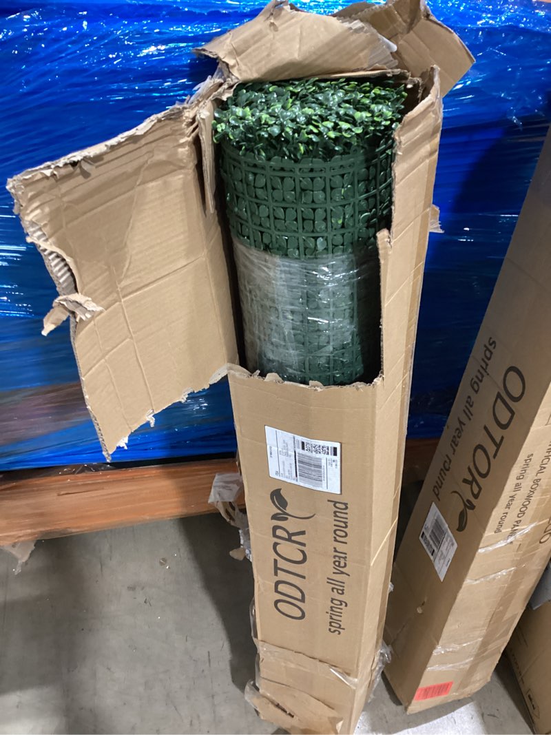 Condition photo showing As Is for odtory artificial boxwood roll,48x120 in (40 sqft) uv-anti faux ivy boxwood hedge leaf grass wall for patio balcony privacy, garden, backyard greenery wall backdrop and fence decor 48 in x 120 in- boxwood