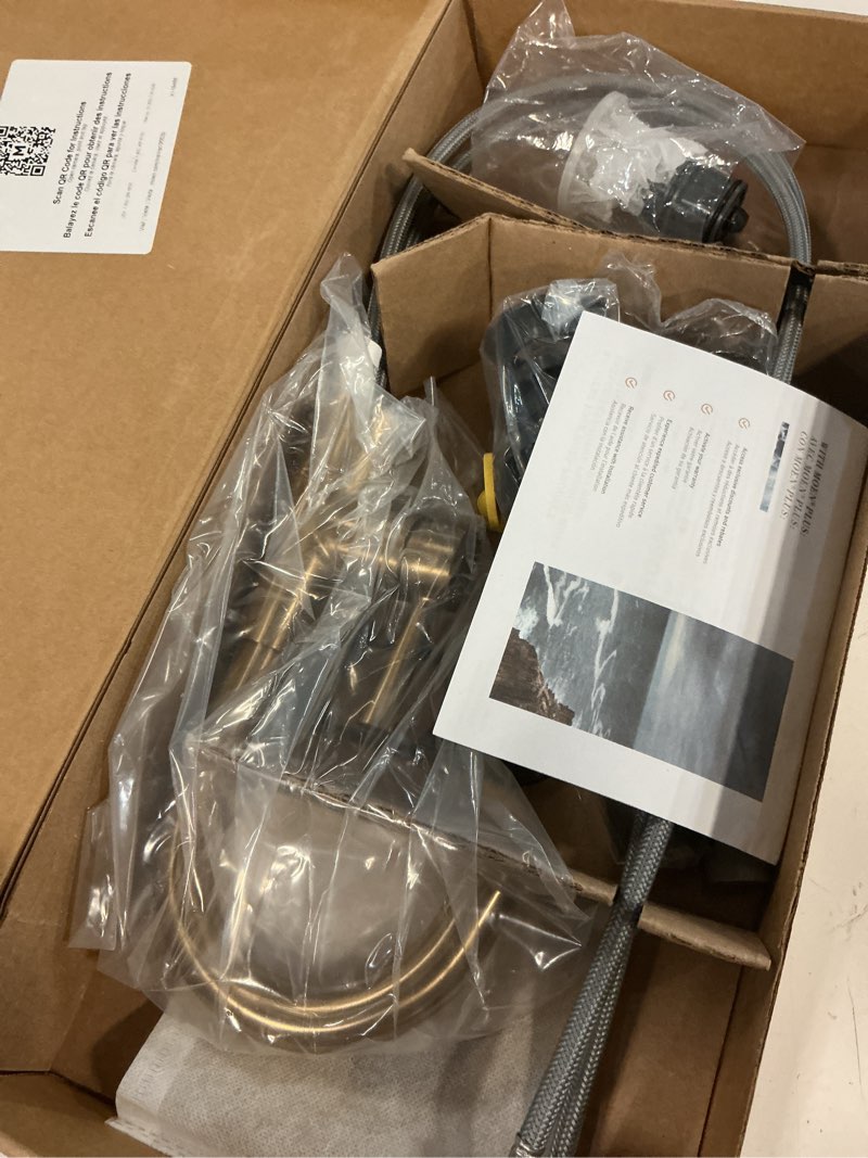 Condition photo showing Good Condition for moen ronan bronzed gold one-handle single hole modern bathroom sink faucet with optional deckplate and spring loaded drain assembly, 84021bzg