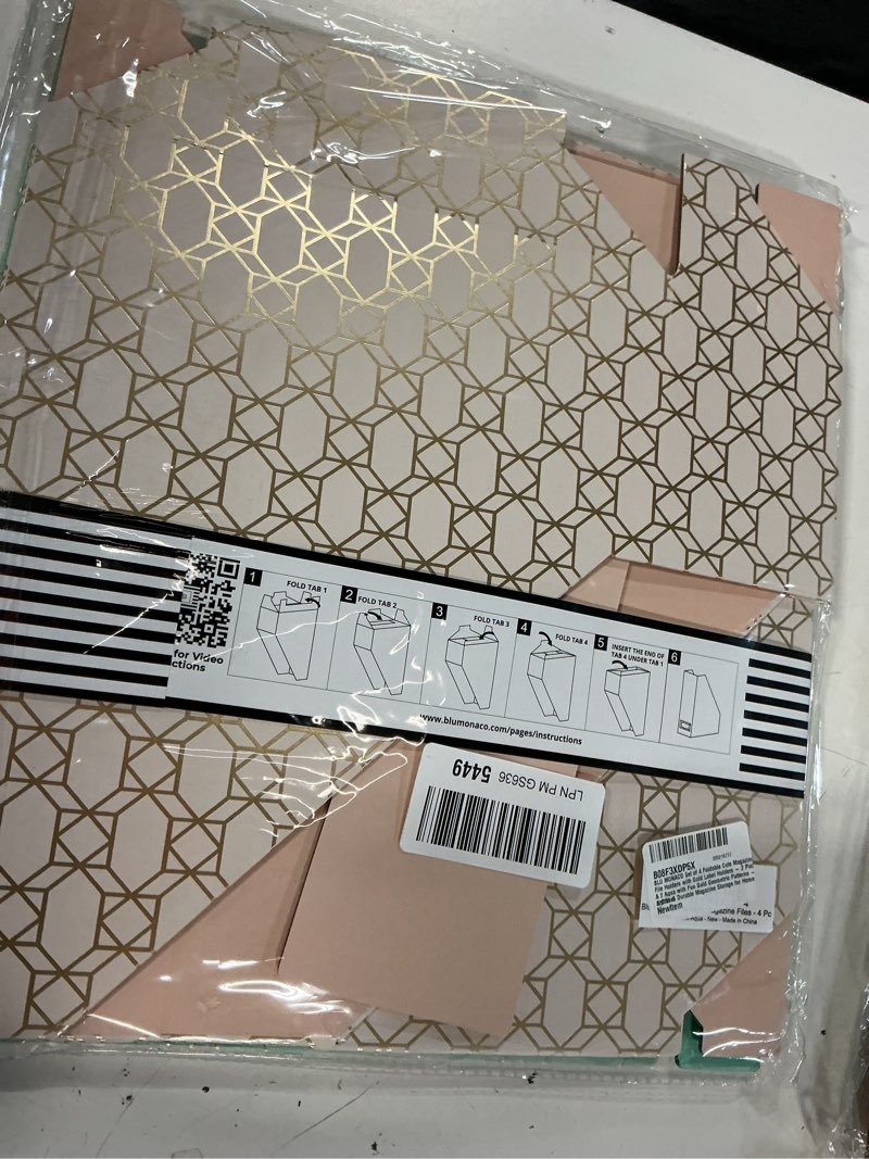 Condition photo showing New/Like New for blu monaco | set of 4 foldable pink & aqua magazine file holders with gold geometric patterns | vertical file organizer boxes with gold label holders for home & office pink-aqua