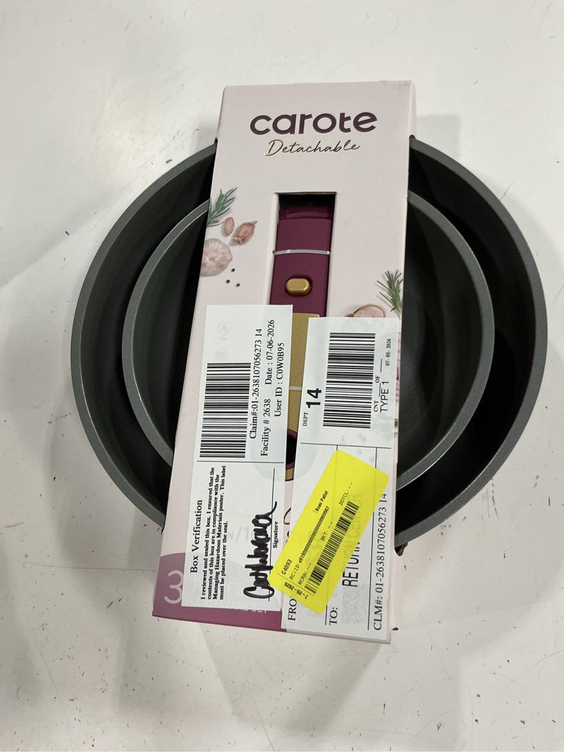 Condition photo showing New/Like New for carote ceramic nonstick detachable pots and pans set, 3 pieces non toxic cookware set with induction, oven/dishwasher safe, easy for storage, magenta purple