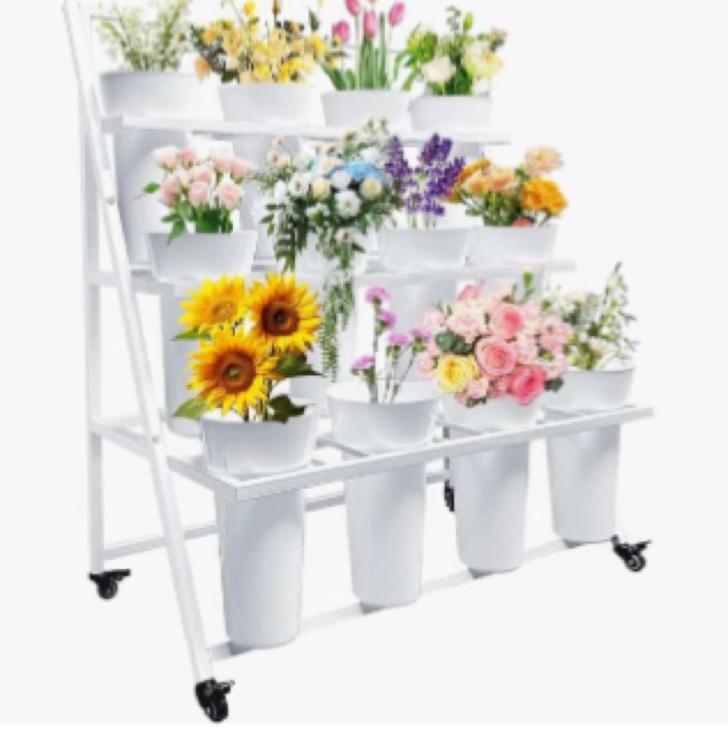 Flower display stand Flower Display Stand with 12 Buckets, Flower Cart 3 Layers, Flower Stand Metal with Wheels, Moving Florist Bouquet Shelf, Triangular Rack, White