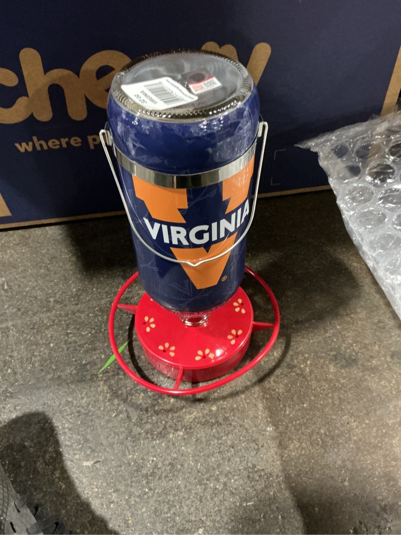 Condition photo showing New/Like New for Hummer's Galore, NCAA College Football Hummingbird Feeder, Glass Hummingbird Feeder with UV Resistant Plastic Wrap for Outdoors Hanging, 32 oz, (Virginia Cavaliers)