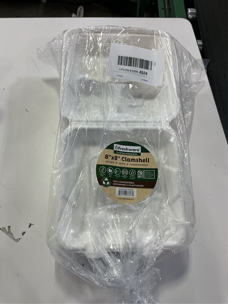 Condition photo showing New/Like New for Freshware Compostable Clamshell Food Containers [8x8"] 3-Compartment 50-Pack, Disposable Containers, Biodegradable Sugarcane To Go Boxes - Paper Food Containers - Microwave & Freezer Safe, Stackable 8 x 8 Inch [50 Pack]