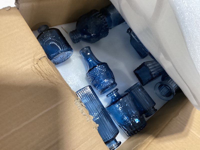 Condition photo showing Good Condition for glass bud vases set of 32 - blue assorted small mini glass vases for flowers, crystal vintage vase set, bulk centerpieces for table décor, wedding, home and events (blue, 32 pcs) blue 32 pcs
