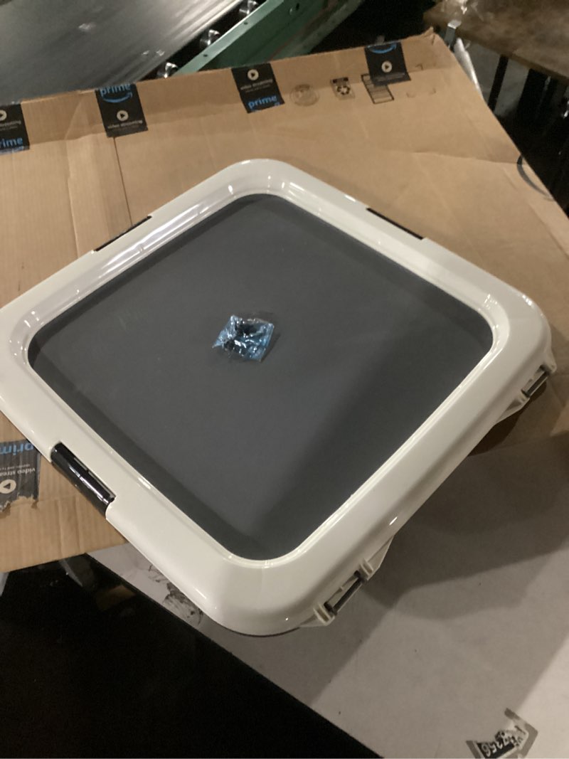 Condition photo showing Good Condition for IRIS USA Pee Pad Holder - For Regular Sized Dog and Puppy Pee Pads, Secured Latches, Non-Skid Feet, High Polish Finish for Easy Cleaning, Leak Protection, Fits 22"x22" Pad or Larger, Square, Dark Gray Regular White/Gray