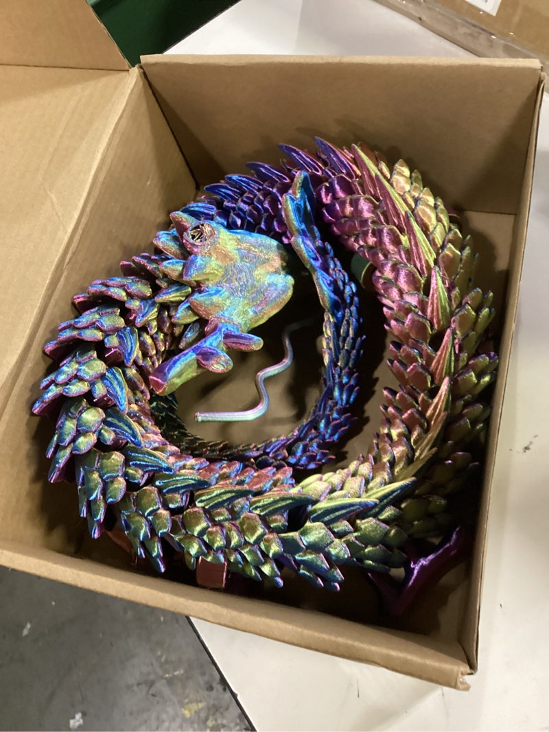 Condition photo showing Good Condition for 47-inch 3d printed dragon statue - articulated chinese dragon with movable joints, beard & horns - realistic red blue gold gradient collectible figurine for home display