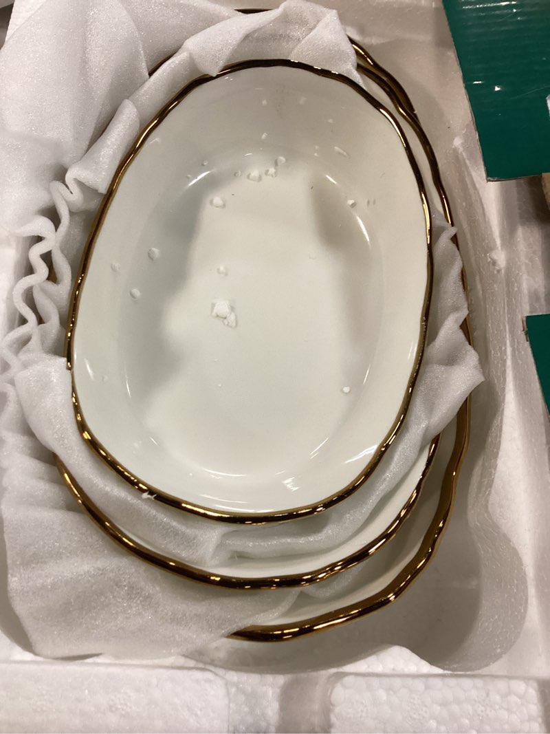 Condition photo showing Good Condition for Ceramic Fruit Bowl for Kitchen Counter - 3 Tier Fruit Basket with Metal Stand, Tiered Fruit Stand for Countertop, Snack, Nuts, Cake, Dessert, Small & Cute (Gold-rimmed)