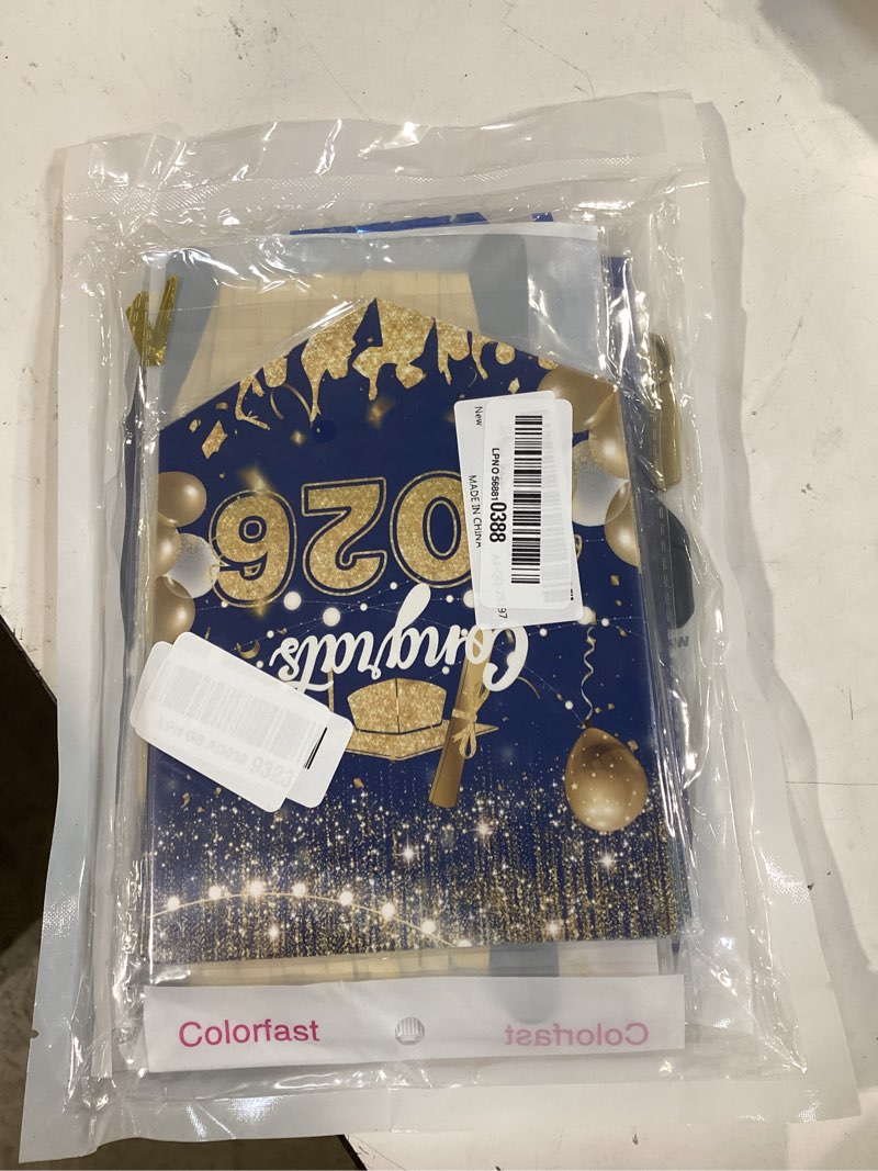 Condition photo showing Good Condition for graduation decorations 2026, blue and gold graduation balloons, blue 2026 number balloons, congrats grad banner, paper flowers & curtains, graduation party supplies for grad party decor class of 2026 blue gold