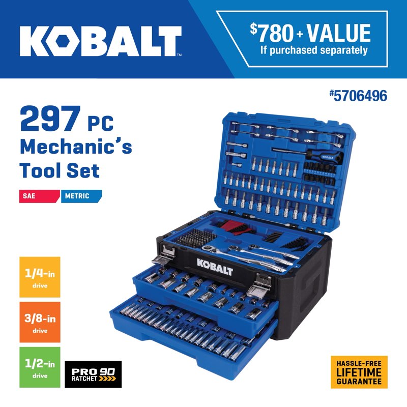 kobalt 297-piece standard (sae) and metric polished chrome mechanics