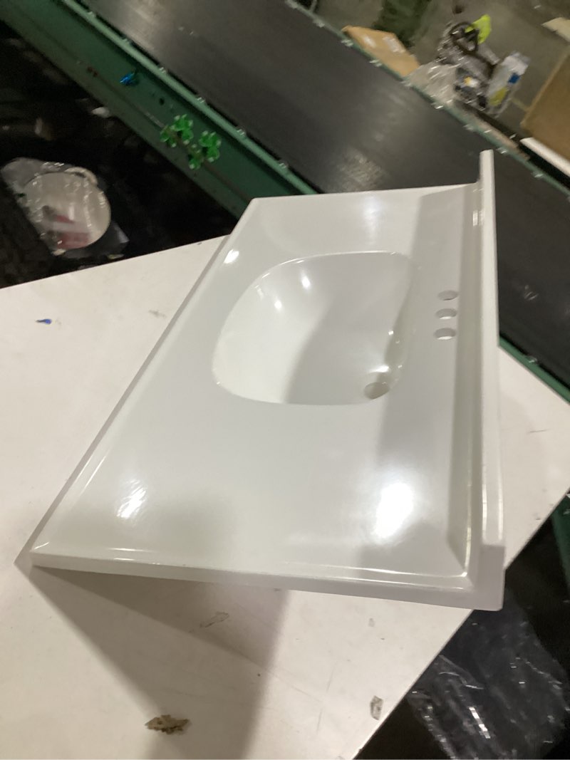 Condition photo showing As Is for transolid 1409-7121 25-in x 19-in cultured marble bathroom vanity top in white on white