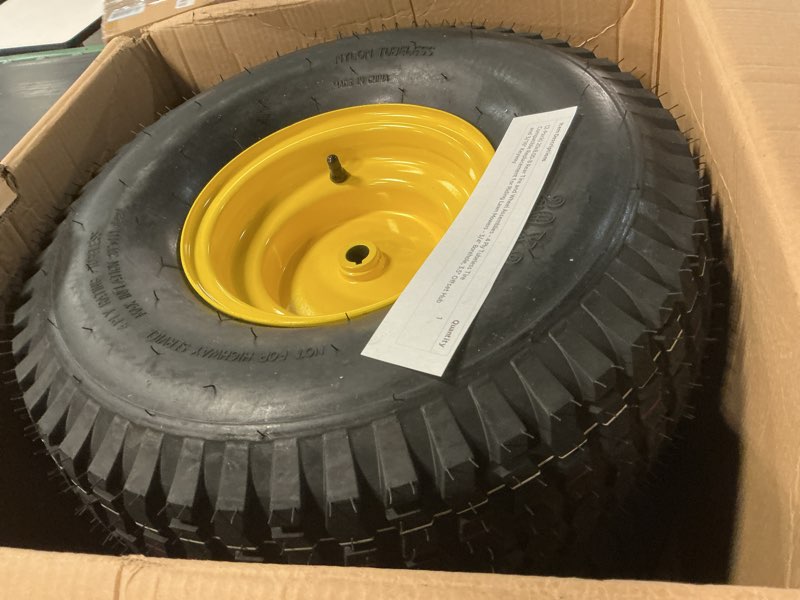 Condition photo showing Good Condition for (2-pack) 20x8.00-8 rear tire and wheel assemblies - 4 ply tubeless tire compatible replacement for riding lawn mowers - 3/4" borehole, 3.5" offset hub and 3/16" keyway 20 x 8.00-8" tubeless (offset hub) yellow