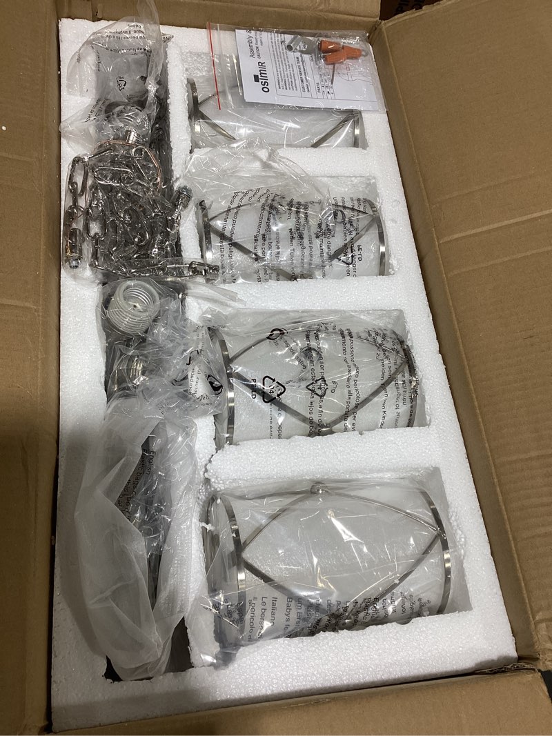 Condition photo showing Good Condition for osimir 4-light kitchen island lighting, modern brushed nickel dining room light fixtures with clear glass, farmhouse industrial linear chandelier pendant light with adjustable chain, ch9176bn-4is nickel, clear glass 4-light, 1 pack