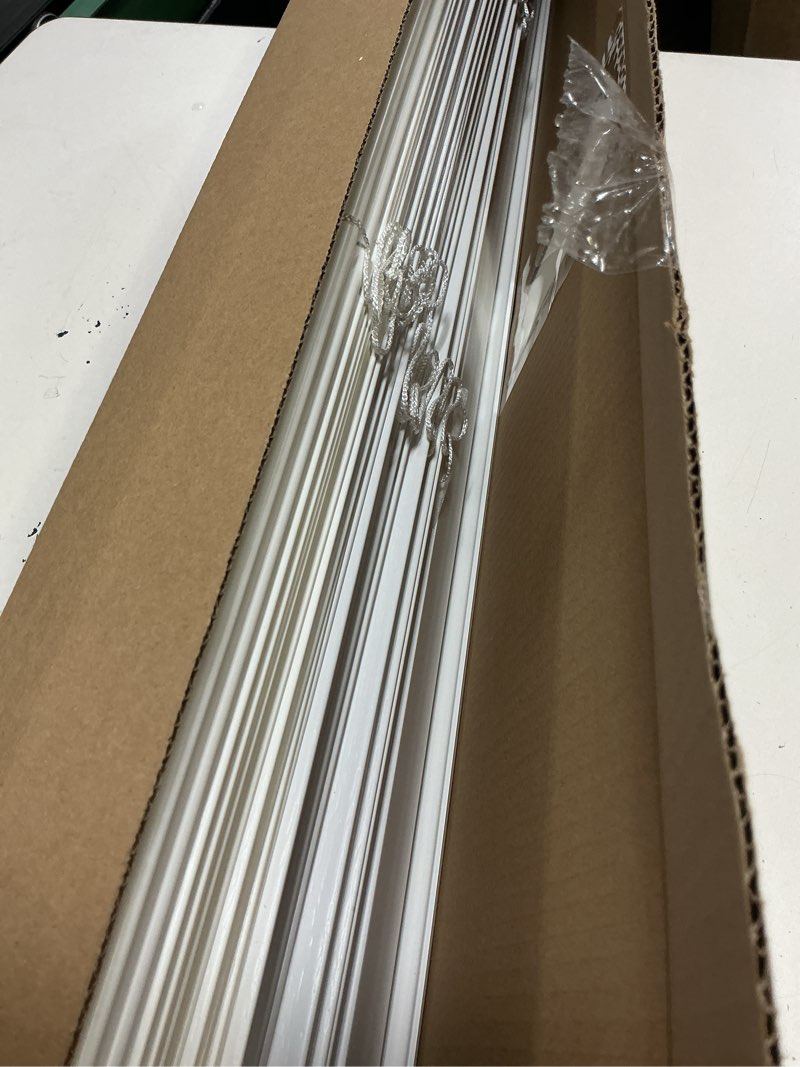 Condition photo showing As Is for allen + roth trim at home 2-in slat width 36-in x 64-in cordless white faux wood room darkening horizontal blinds