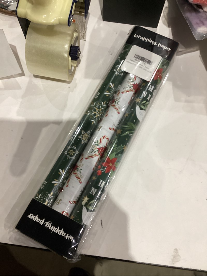 Condition photo showing New/Like New for Homeral Christmas Wrapping Paper Rolls - Green Dahlias, Candy Canes and Snowflakes Gift Wrap Set for Christmas, New Year Celebration, Holiday - 3 Rolls - 17 Inch x 120 Inch Per Roll 17*120in per roll(42.5sqft.ttl) Green Red Hydrangea and Dahlia