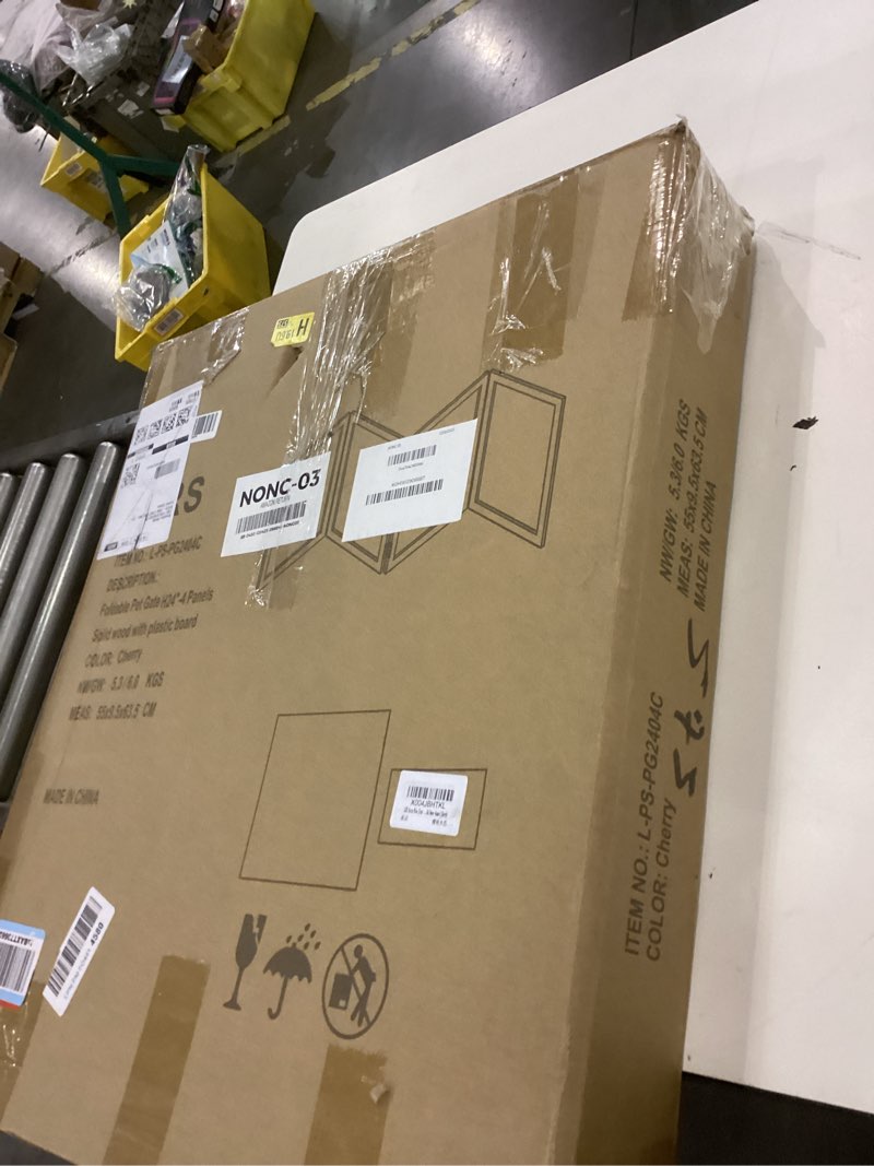 Condition photo showing New/Like New for LZRS Extra-Wide Clear Dog Gate for Indoor Use - Transparent Pet Fence with Solid Hardwood and Plastic Board, Stylish & Durable freestanding Pet Gate for Doorways, Stairs and Hallways-4 Panel Cherry 24"Height-4 Panel Cherry