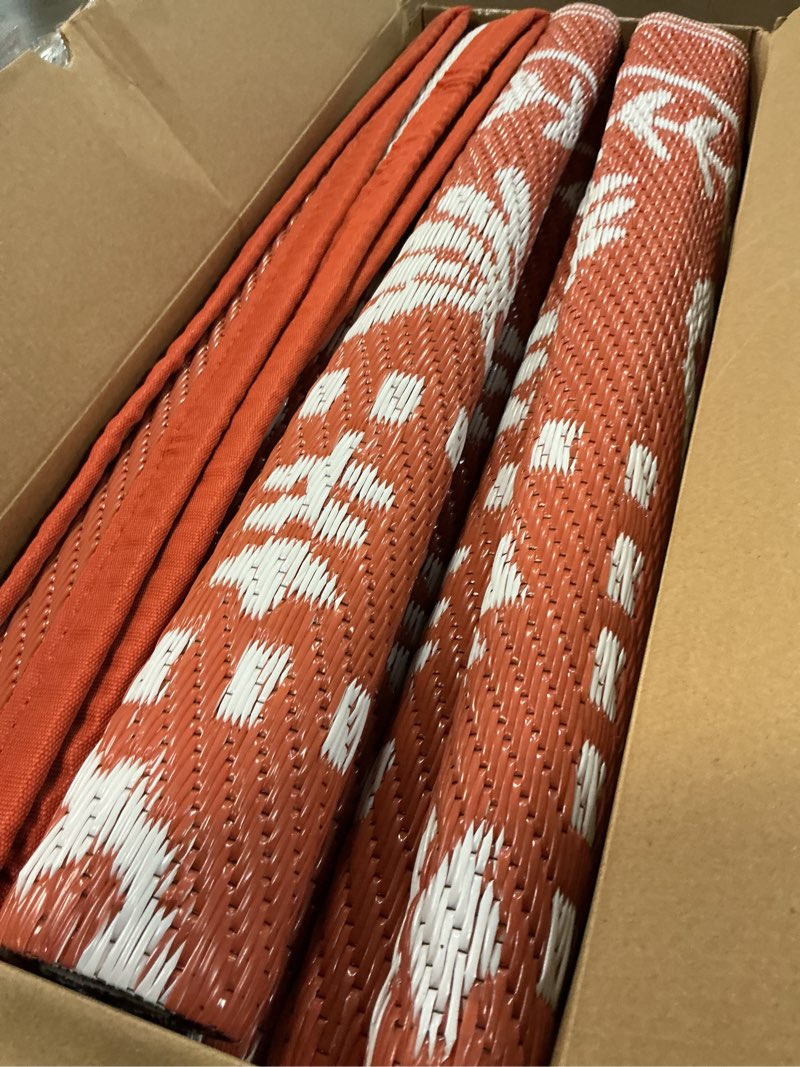 Condition photo showing Good Condition for garvee reversible outdoor rug 9x12 for patio, waterproof outdoor area rug, modern medallion indoor outdoor rugs, plastic straw rug for rv, camping, deck, vintage terracotta terracotta & white 9' x 12' (rectangular)