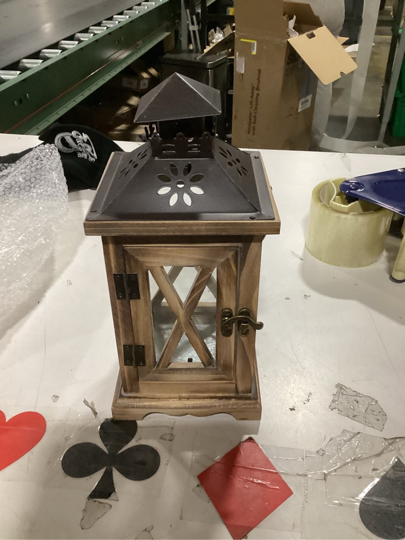 Condition photo showing Good Condition for Sziqiqi Farmhouse Lanterns Home Decor Decorative Wood Lantern for Wedding Centerpieces Vintage Brown Candle Lantern for Patio Fireplace Mantel Table Decoration