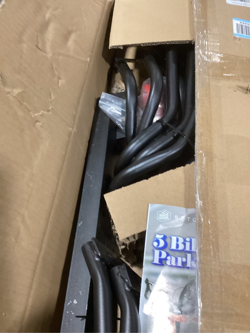 Condition photo showing Good Condition for 5 Bikes Floor Stand, Adjustable Bicycle Parking Rack with Hook for Garage, Indoor, Outdoor, Free Combination Bike Storage Cycle Rack for Mountain, Road and Kids Bikes, Max Tire Width 2.5”