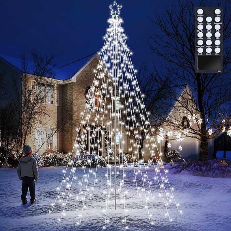 Flacchi Christmas Outdoor Star String Lights - Pole Set with Remote, Multiple Lighting Modes, Timer,