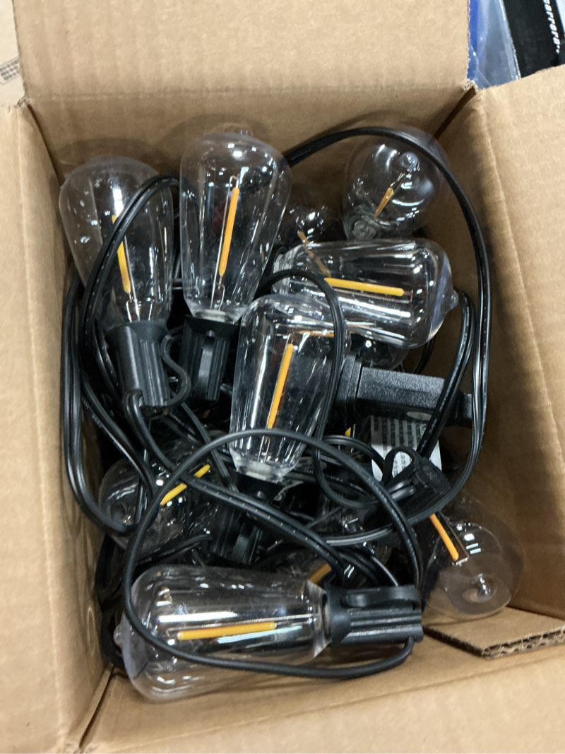 Condition photo showing Good Condition for brightever led outdoor string lights 50ft patio lights with 27 shatterproof st38 vintage edison bulbs, outside hanging light waterproof for porch, deck, garden, backyard, balcony, 2200k dimmable black wire 50ft-amber white