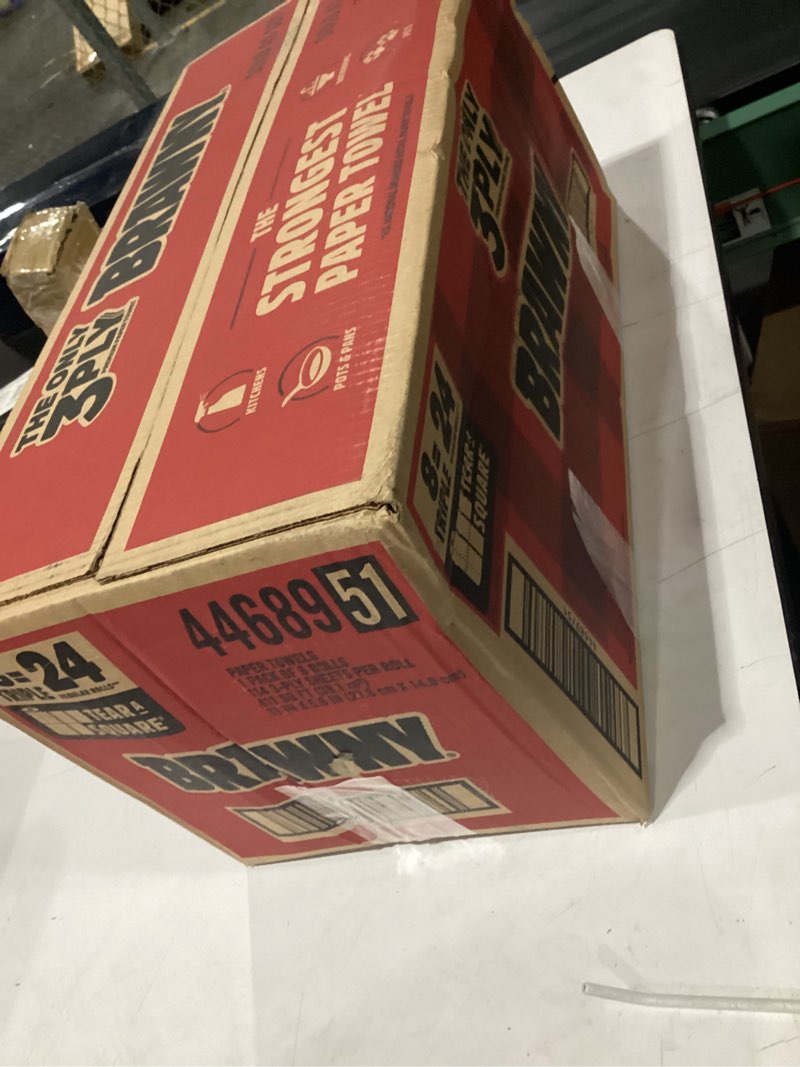 Condition photo showing New/Like New for brawny tear-a-square 3-ply paper towels, 8 triple rolls = 24 regular rolls, strong, absorbent, and d