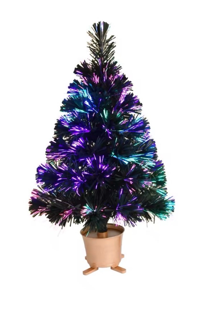 Mini Fiber Optic Tabletop Artificial Christmas Tree with LED Lights, Gold Base, Green, Pre-lit, Xmas Tree, 24 inch