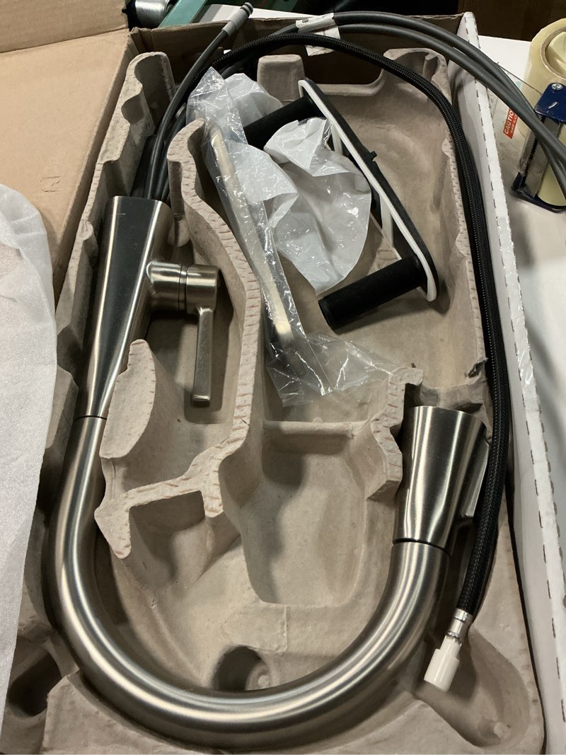 Condition photo showing Good Condition for Delta Lenta Brushed Nickel Touch Kitchen Faucet with Pull Down Sprayer, Modern Single Hole Touch On Kitchen Sink Faucet, Single Handle, SpotShield Stainless 19802TZ-SP-DST SpotShield Stainless Touch Activation