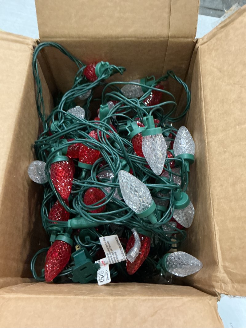 Condition photo showing As Is for suraielec c9 led christmas lights with clips, 67ft 100 count outdoor christmas roof lights with spring clips, red & warm white string lights for house, gutters, shingles, roofline, ul listed