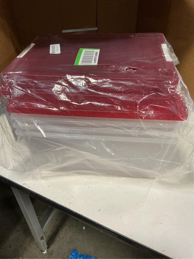 Condition photo showing Good Condition for ((Similar ))IRIS USA . Holiday Storage Bin with Lid, 4-pack, Stackable Holiday Storage Container with Lid and Latching Buckles for Holiday Decorations Accessories and Supplies, Clear/Red
