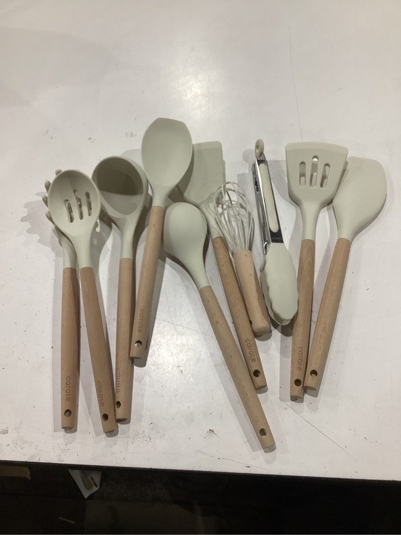 Condition photo showing Good Condition for carote silicone cooking utensils set, kitchen utensils set 10 pcs for cooking, bpa free spatula set with heat resistant wood handles for nonstick cookware (cream white) 10 pcs cream white