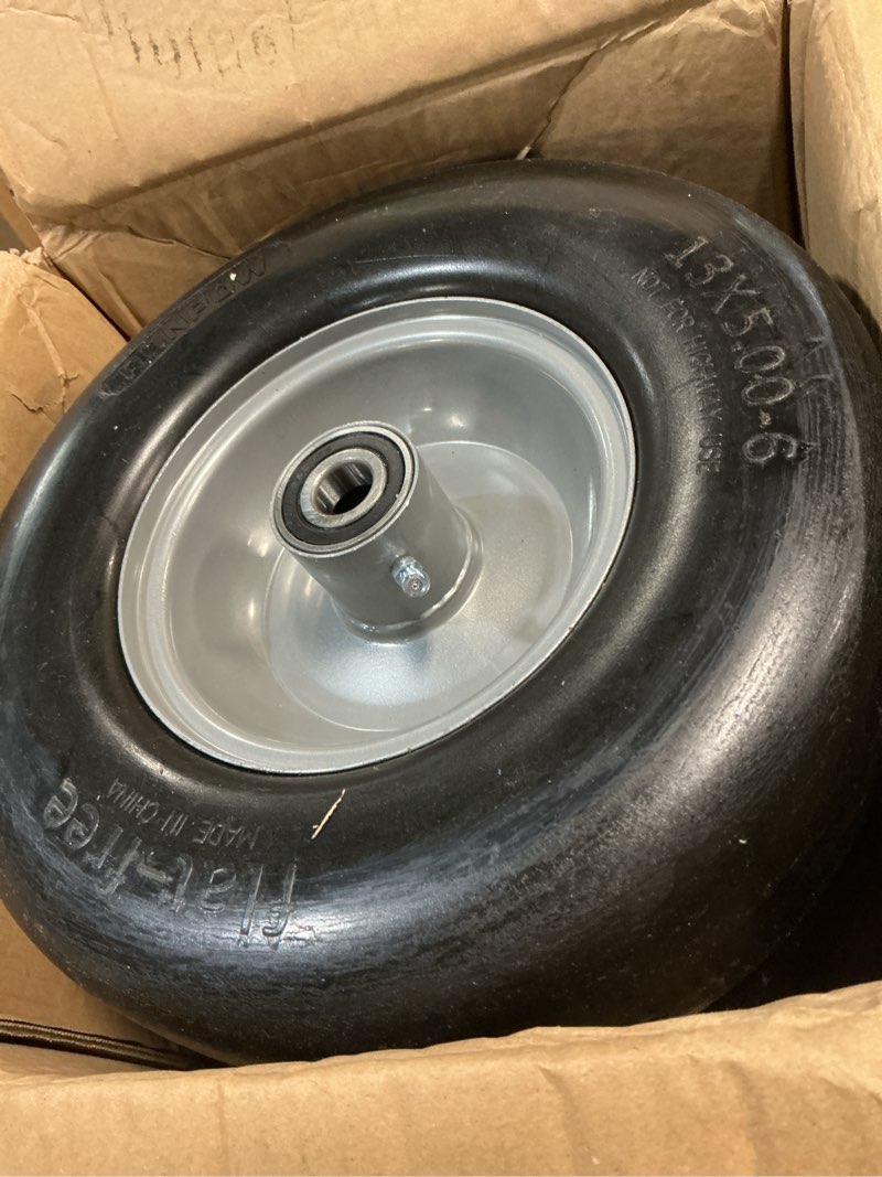 Condition photo showing As Is for ronpow 13x5.00-6 flat free lawn mower tire and wheel, 13x5x6 solid front tires for zero turn mower, 500lbs load, 3/4", 5/8" and 1/2" bearings, 4.33"-6.73" hub spacers, 2pack black, trk-tir-1356ffbk