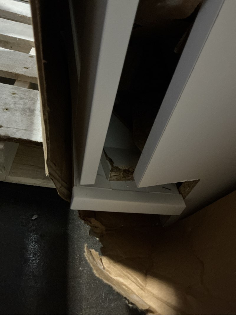 Condition photo showing As Is for project source 18-in white single sink bathroom vanity with white cultured marble top