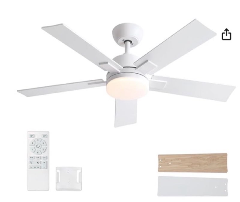 rayqueen 42 inch ceiling fans with lights and remote, 6 speed reversible dc motor, 3cct dimmable led, 5 blades, white modern ceiling fan for bedroom, living room & covered outdoor, includes downrod