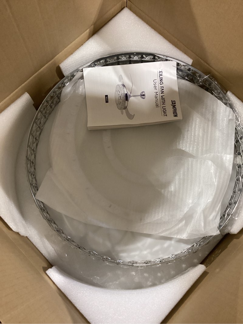 Condition photo showing Good Condition for 42" retractable ceiling fans with lights, crystal chandelier ceiling fan with remote & app control, modern dimmable led fandelier for living room, dinning room, bedroom (silver)