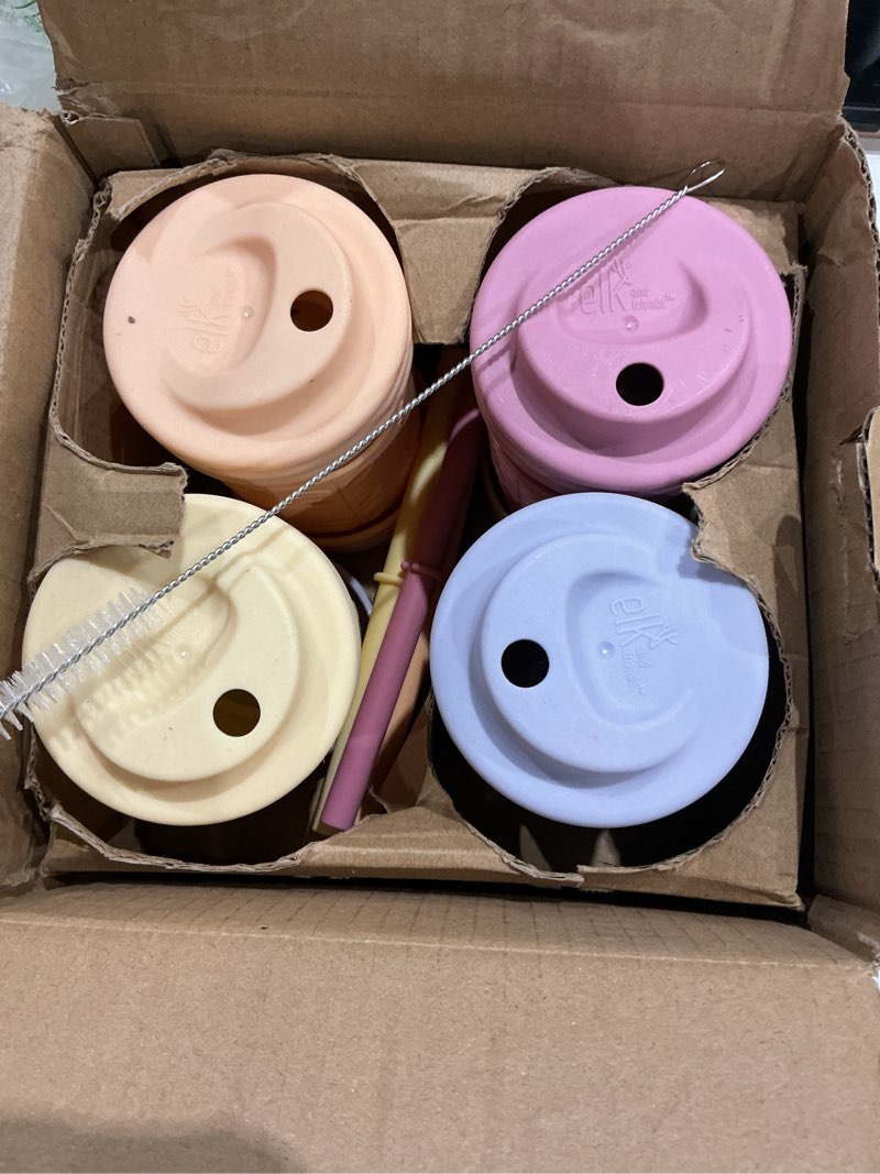 Condition photo showing Good Condition for elk and friends kids + toddler glass cups | the original 8oz glass mason jar with sleeves + lids | silicone straws + stopper | smoothie cup | food storage | spill resistant | dishwasher safe | 4 pack blush/lilac/peach/lemon 4 pack