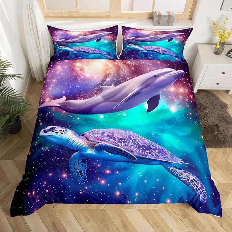  (Similar des) Erosebridal Dolphin Ocean Comforter Cover Twin, Sea Turtle Bedding Set with Moon Galaxy Sky Starry Duvet Cover for Girls Teen Women Sea Animal Quilt Cover Purple Blue 1 Pillow Case