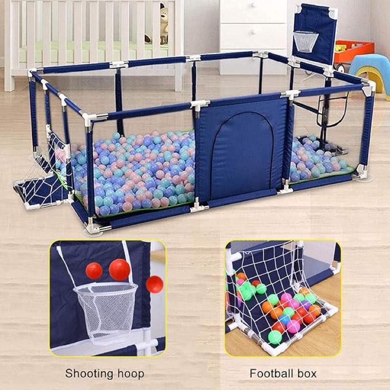 Jolan Baby Playpen With Mat Baby Fence with Basketball Hoop and Soccer Gate,190×129×66cm,Indoor Outdoor Kids Safe Playground Fence,Playpen for Baby and Toddlers,Anti-Drop/Portable, With Mat 190×129×66cm