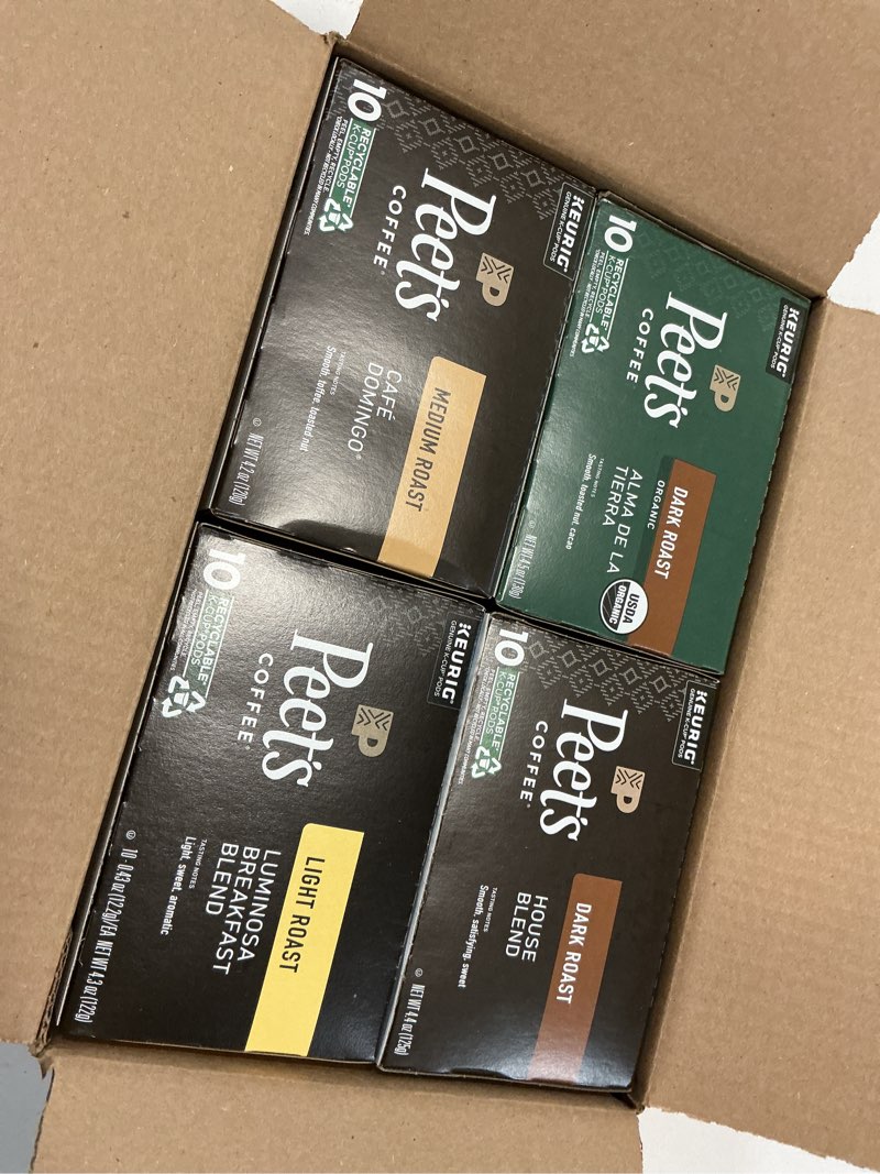 Condition photo showing New/Like New for  (BBD :13 /JUN /2025 ) Peet's Coffee, Keurig K-Cup Pods Variety Pack - Luminosa Breakfast Blend, Café Domingo, Organic Alma De La Tierra, House Blend, 40 Count (4 Boxes of 10 Pods) Variety Pack 10 Count (Pack of 4)