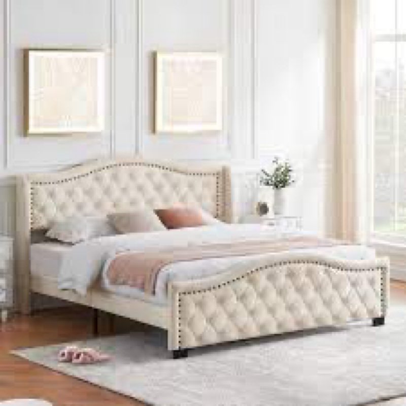(Incomplete)Velvet Tufted Upholstered Wingback Platform BedFrame with Headboard(color beige ))