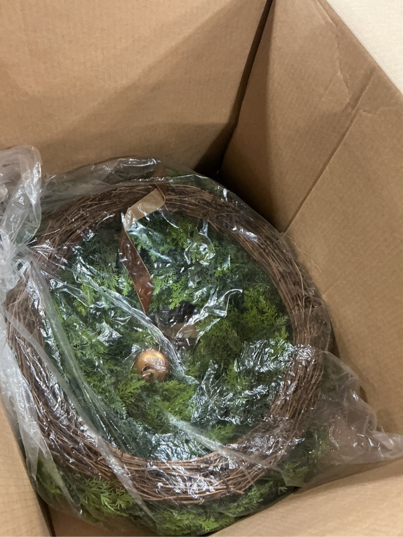 Condition photo showing Good Condition for Dingion 26 Inch Real Touch Cedar Wreath Lush Artificial Christmas Wreaths for Front Door with Velvet Bow Green Rustic Large Winter Faux Cedar Wreaths for Windows Indoor Outdoor Wall Xmas Holiday Decor 26 Inch Bow Brown