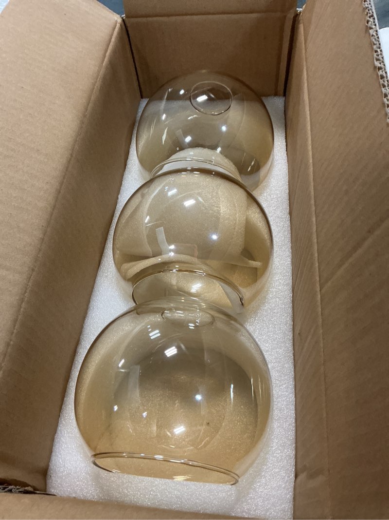 Condition photo showing New/Like New for 3 pack amber glass shade replacements, globe glass lamp shade covers for light fixtures, 1.65 in fitter 5.1 in height 5.9 in diameter globes lampshades for wall sconces chandelier pendant lights