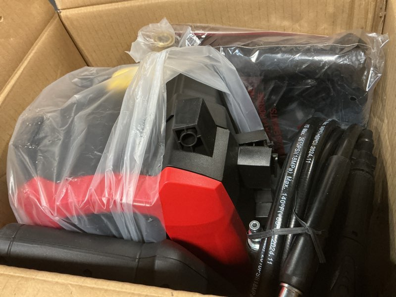 Condition photo showing Good Condition for mzk pressure washer, power washer with anti-tipping technology, 4 wheels, 4 quick connect nozzles, soap bottle, for cars, fences, driveways, patios, home & outdoor cleaning - deep red