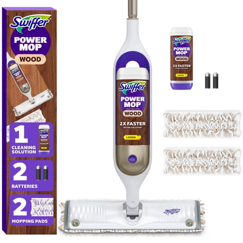 swiffer power mop wood kit with refill, unscented, 1 handle + 1 solution & 2 pads