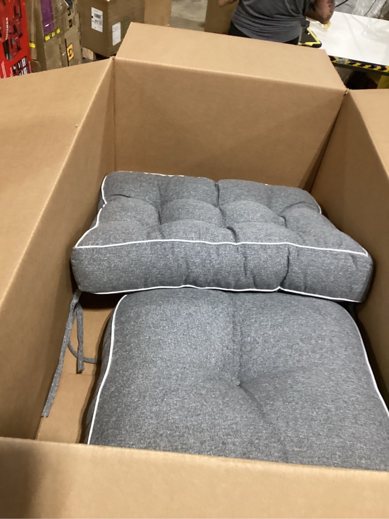 Condition photo showing As Is for outdoor chair cushions set of 2, patio cushions for outdoor furniture, tufted waterproof outdoor chair pads, 19" x 19", black black 19x19x5