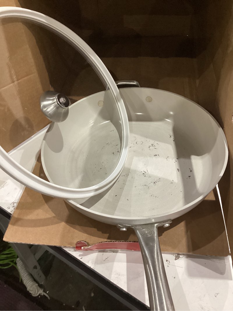 Condition photo showing As Is for circulon halo with laserdefense ceramic nonstick frying pan with helper handle and lid, made without pfas, compatible with all stovetops, dishwasher and oven safe, 12 inch skillet - pearl white skillet (12-inch) pearl white