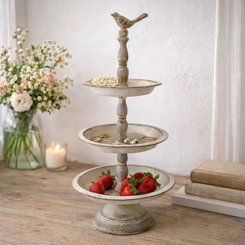 French Country Tiered Tray with Bird, Vintage Style Decor