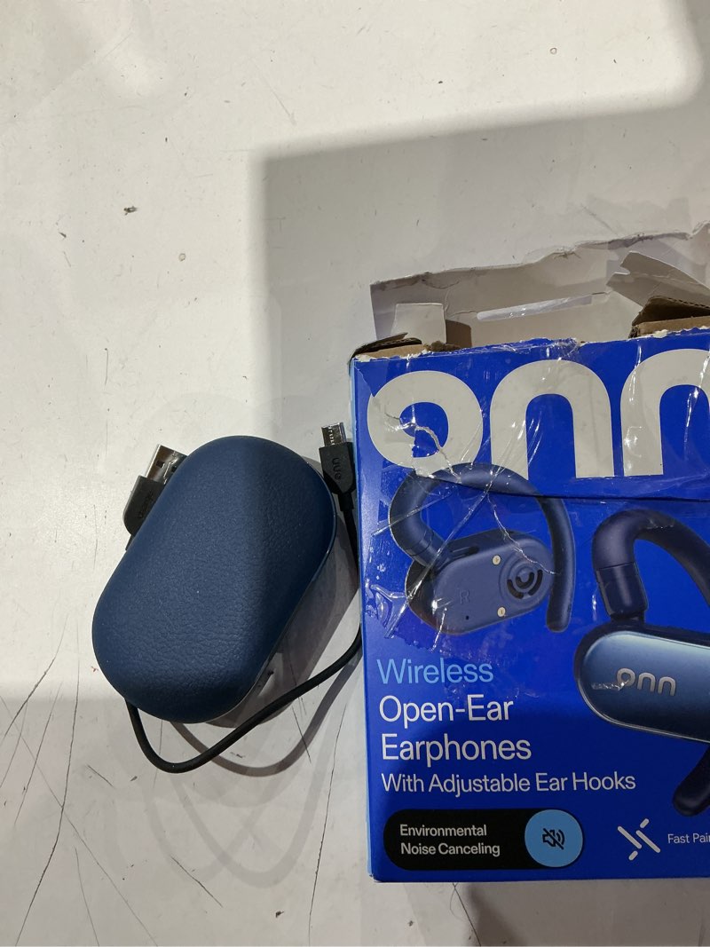 Condition photo showing Good Condition for onn. wireless open-ear earphones with environmental noise cancellation microphones & charging case, blue