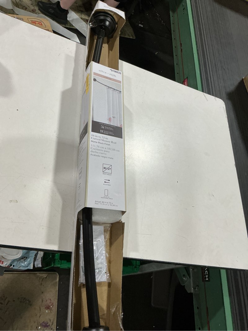 Condition photo showing As Is for allen + roth 44-in to 72-in matte black fixed or tension single curve adjustable shower curtain rod