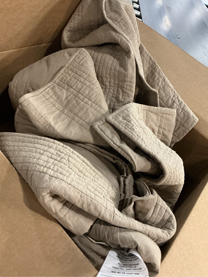 Condition photo showing As Is for evergrace velvet quilt set queen size, luxurious soft striped channel bedding set, lightweight velvet comforter for all season, oversized bedspread coverlet with 2 matching shams, beige taupe full/queen (90" x 92") beige taupe